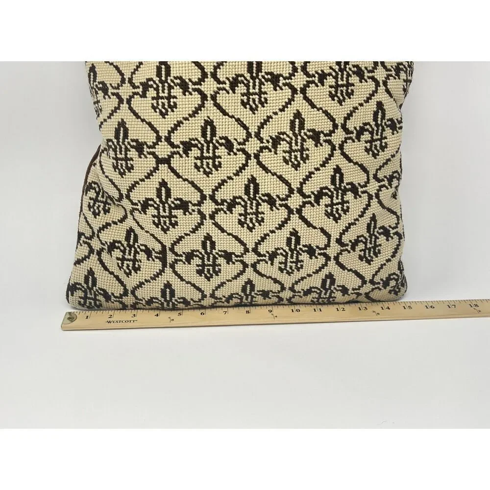 Vintage Fleur de Lis Needlepoint Pillow Brown Cream 15” x 19” Velvet Back